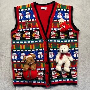 Avon Style Sweater Vest Women Red Christmas 3D Plush Bear Dog Novelty L